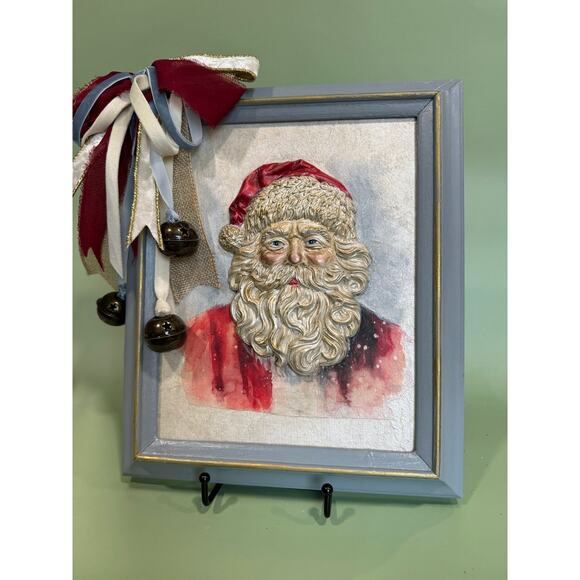 Handmade Other - Handcrafted and Hand Painted OOAK Santa Claus Wall Art in Light Blue Frame